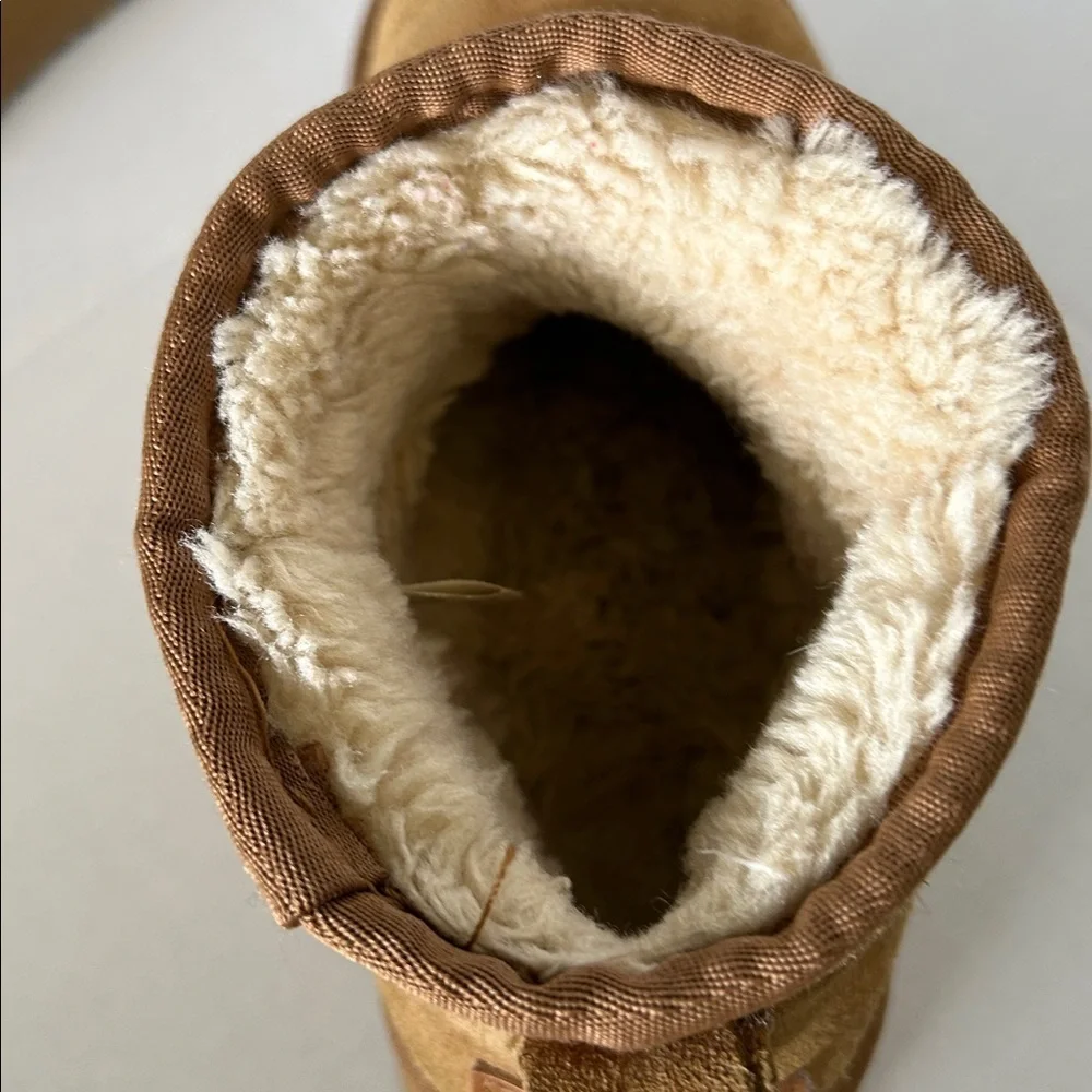 UGG CLASSIC WOMENS PLATFORM BROWN MINI BOOTS GENUINE LEATHER AND SHEEPSKIN SZ 5